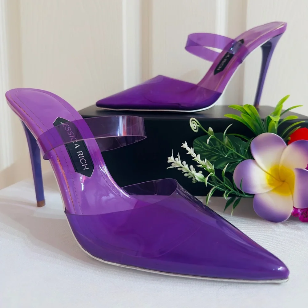 JESSICA RICH ~ Vibrant Translucent Purple 3.5” Heels w/Leather Sole size 8
